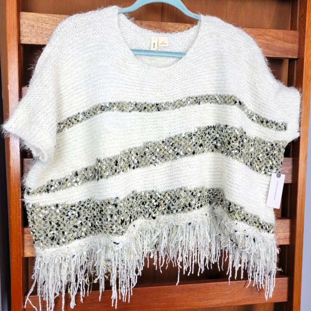 Moth (Anthropologie) Cream & Metallic Fringe Oversized Cropped Poncho
